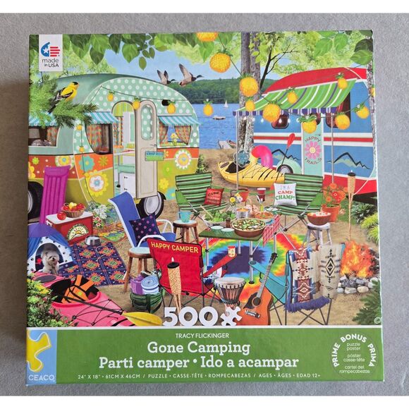 Ceaco Gone Camping 500 pc Tracy Flickinger 2024 Complete Pets Lake Birds - Picture 1 of 5